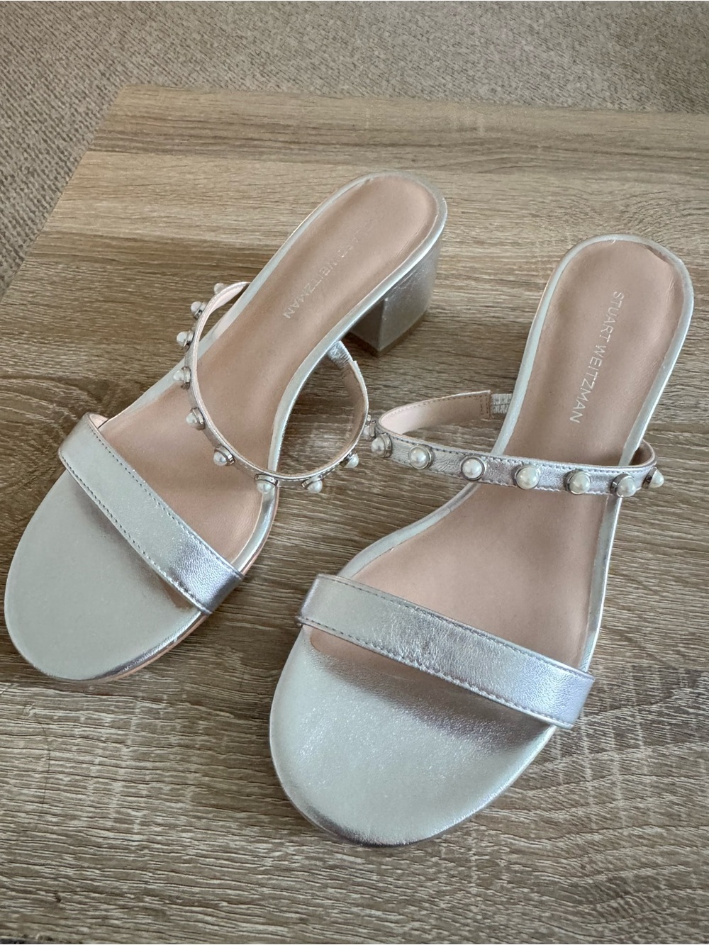 Stuart Weitzman Silver Pearl-Trim Block Heel Mules